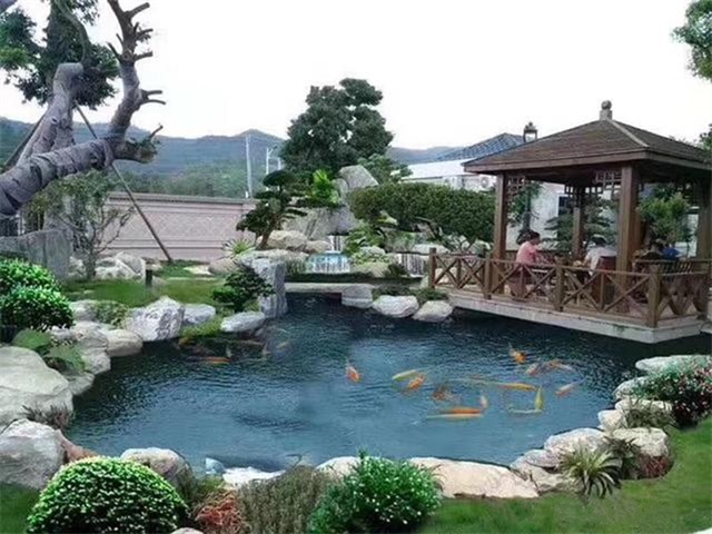 广州别墅庭院水池假山景观全景